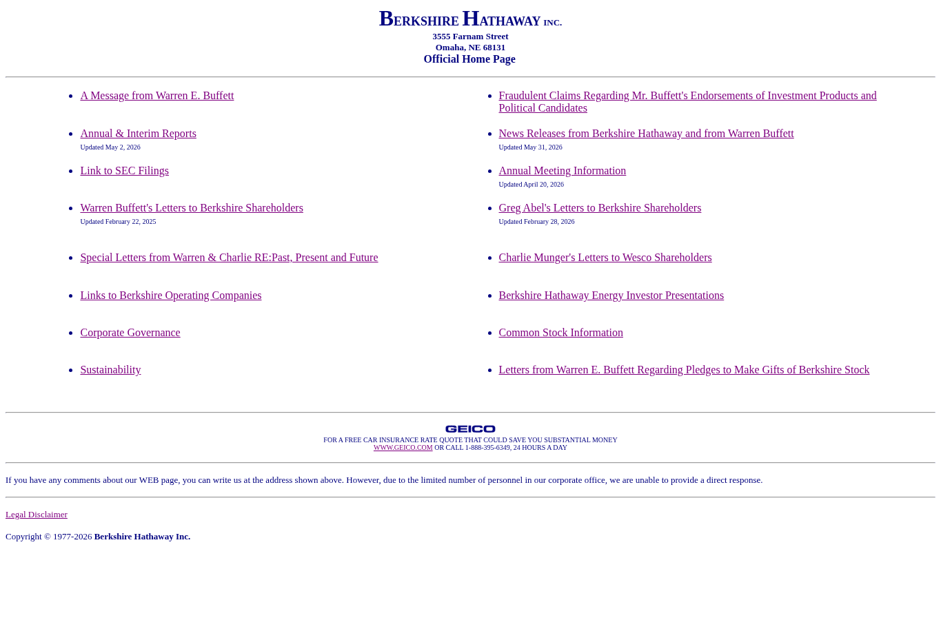 Rendered Website Analyser screenshot of the Berkshire Hathaway homepage